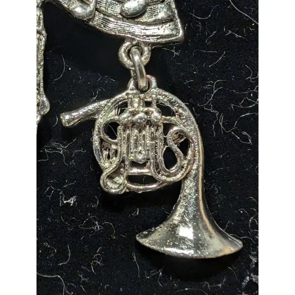 Vintage Silver Tone Dangling Musical Instruments Brooch Pin 2.5 inches long